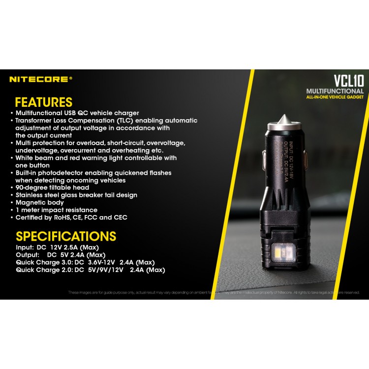 מטען מהיר לרכב QC3 כולל פנס נטען מתכוונן מובנה Nitecore VCL10 מטען מהיר לרכב QC3 כולל פנס נטען מתכוונן מובנה Nitecore VCL10