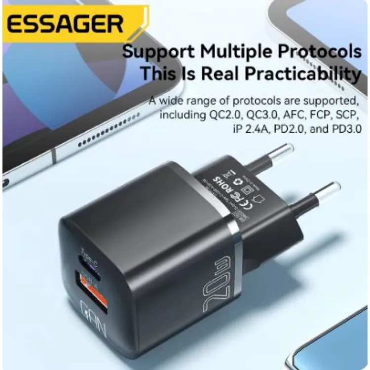 מטען לטלפון סלולרי מהיר 2 ערוצים Essager 20W