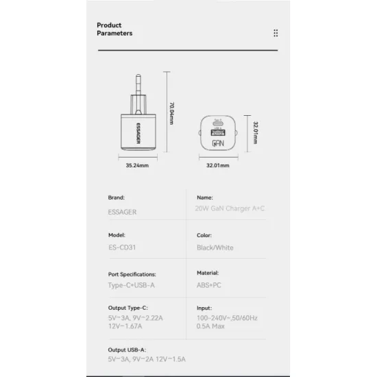 מטען לטלפון סלולרי מהיר 2 ערוצים Essager 20W