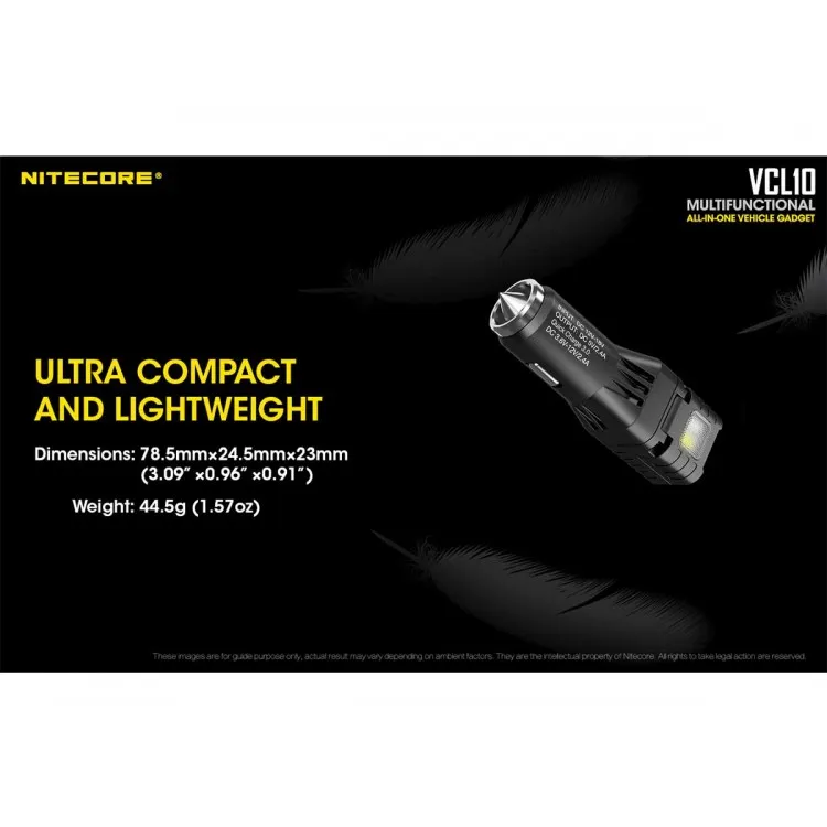 מטען מהיר לרכב QC3 כולל פנס נטען מתכוונן מובנה Nitecore VCL10